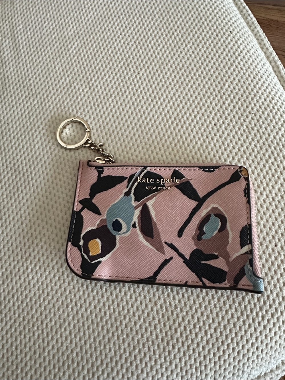 kate spade Pink Floral Card Holder Key Ring with Gold Hardware